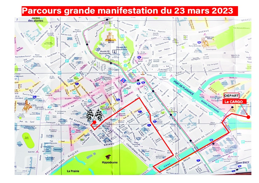 Parcours manifestation à Caen le 23 mars 2023